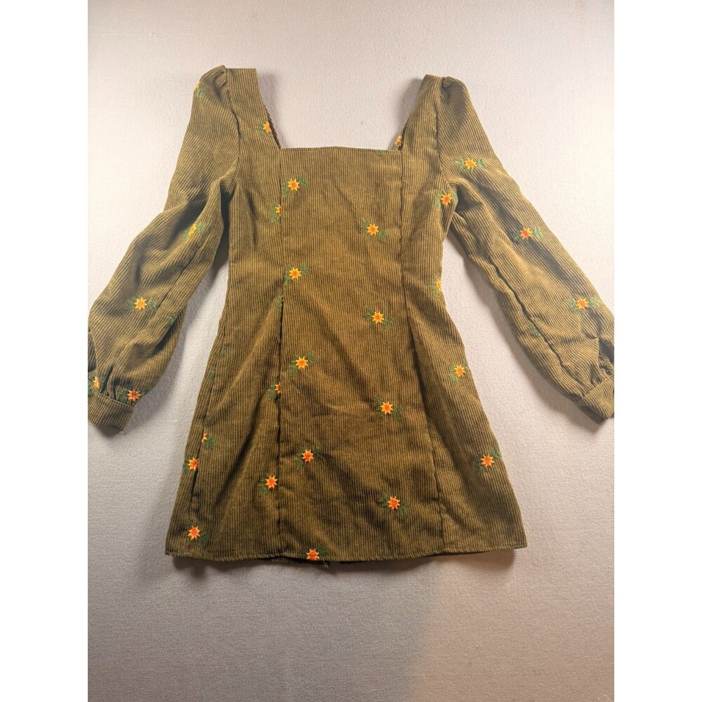 XS Cider Boho Peasant Green Corduroy Floral Long sleeve Mini Dress Retro Y2K